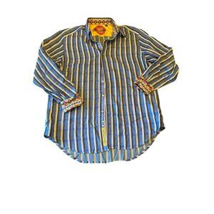 Robert Graham Mens Striped Button-Up Shirt M Blue Contrast Cuffs Modern
